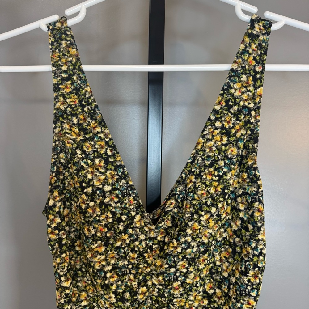 Leith Floral V-Neck Thong Bodysuit Black Yellow Ditsy‎ Print Size S